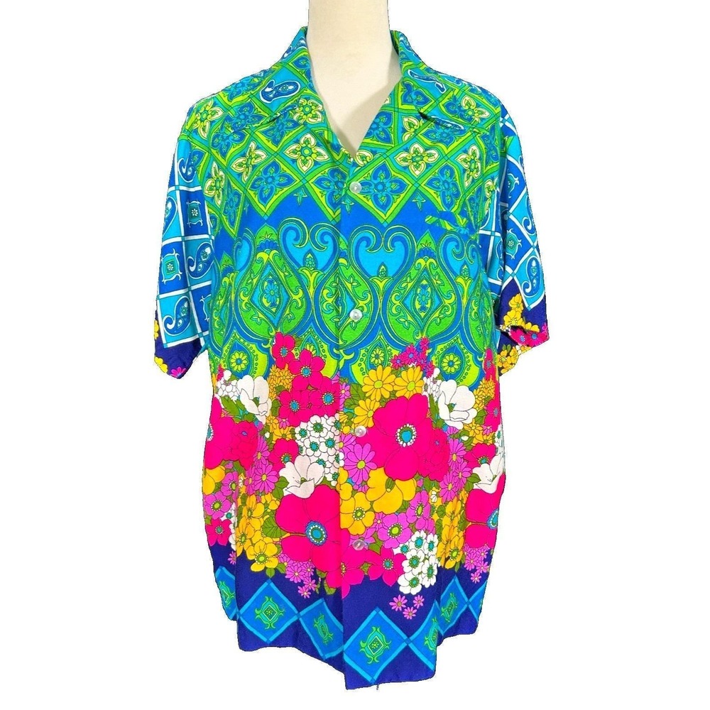 Vintage 60s Bark Cloth Day Glo Psychedelic Floral Dagger Collar Shirt Hawaiian